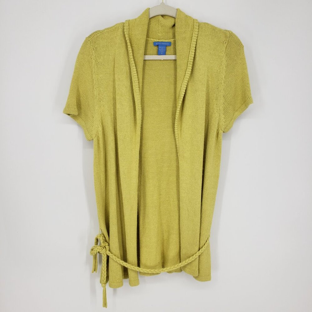 White + Warren Short Sleeve Belted Cardigan Sweater XL‎ Chartreuse Yellow Green
